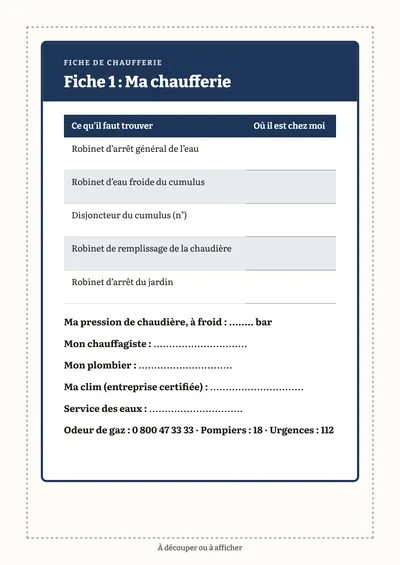 Page 113 du carnet : la fiche de chaufferie « Ma chaufferie », à remplir et à accrocher